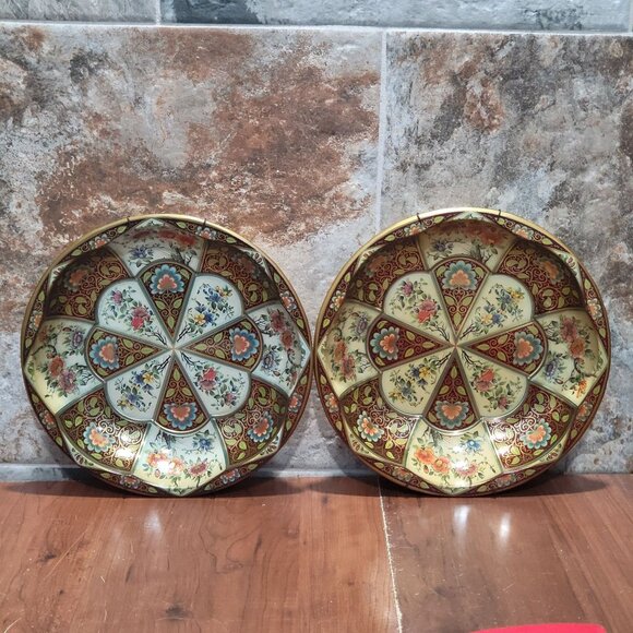 Vintage Pair of Daher England Floral Gilt Metal Gallery Tray Wall Hanging Decor - Picture 1 of 11
